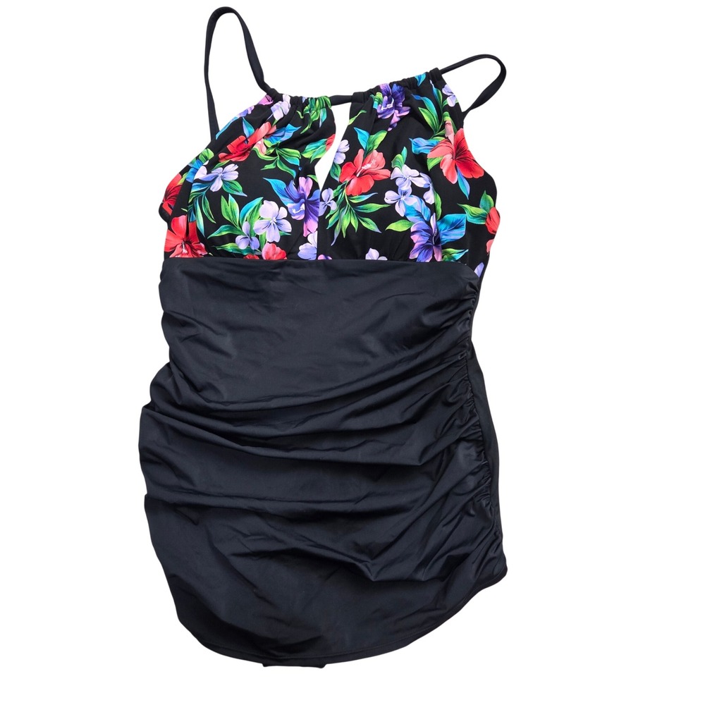 Suddenly Slim by Catalina Women Black Floral Ruched Swimdress One Piece XL 16-18 - Picture 1 of 4